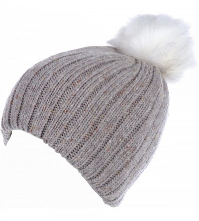 Skullies & Beanies Women's Winter Warm Fleece Lined Rib Knit Faux Fur Pom Beanie Snow Ski Hat - Taupe - CF1860AIK2Q $17.38