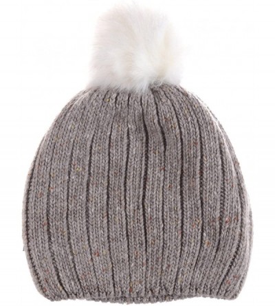 Skullies & Beanies Women's Winter Warm Fleece Lined Rib Knit Faux Fur Pom Beanie Snow Ski Hat - Taupe - CF1860AIK2Q $17.38