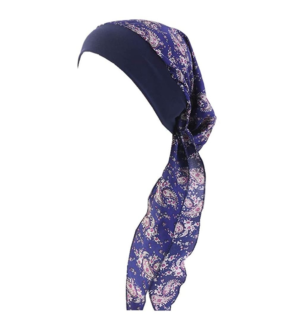 Skullies & Beanies Women Vintage Silky Turbans Bonnet Elastic Wide Band Multifunction Printing Hat Chemo Hair Loss Cap - Navy...
