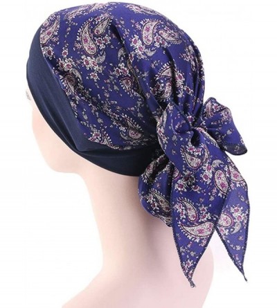 Skullies & Beanies Women Vintage Silky Turbans Bonnet Elastic Wide Band Multifunction Printing Hat Chemo Hair Loss Cap - Navy...