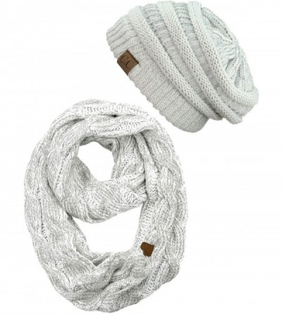Skullies & Beanies Unisex Soft Stretch Chunky Cable Knit Beanie and Infinity Loop Scarf Set - Ivory/Silver Metallic - C518KXH...