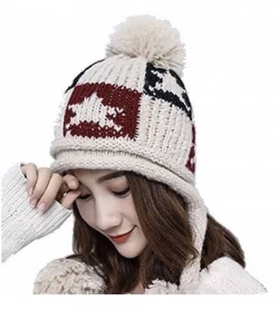 Skullies & Beanies Women's Girls Cute Winter Cozy Earflap Knitted Pom Pom Hat Beanies - Beige - CE1930HKIQG $14.26