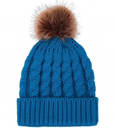 Skullies & Beanies Women's Winter Soft Chunky Cable Knit Pom Pom Beanie Hats Skull Ski Cap - Royal Blue - CB188AS94OC $24.51