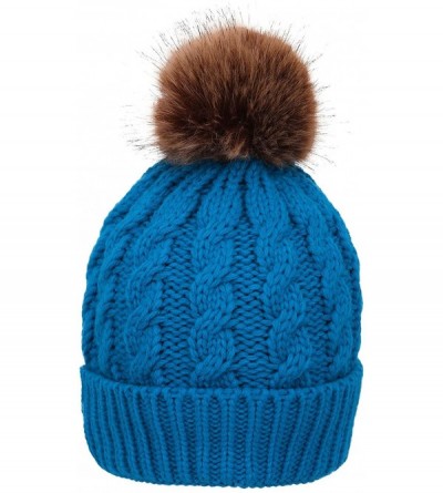 Skullies & Beanies Women's Winter Soft Chunky Cable Knit Pom Pom Beanie Hats Skull Ski Cap - Royal Blue - CB188AS94OC $14.64