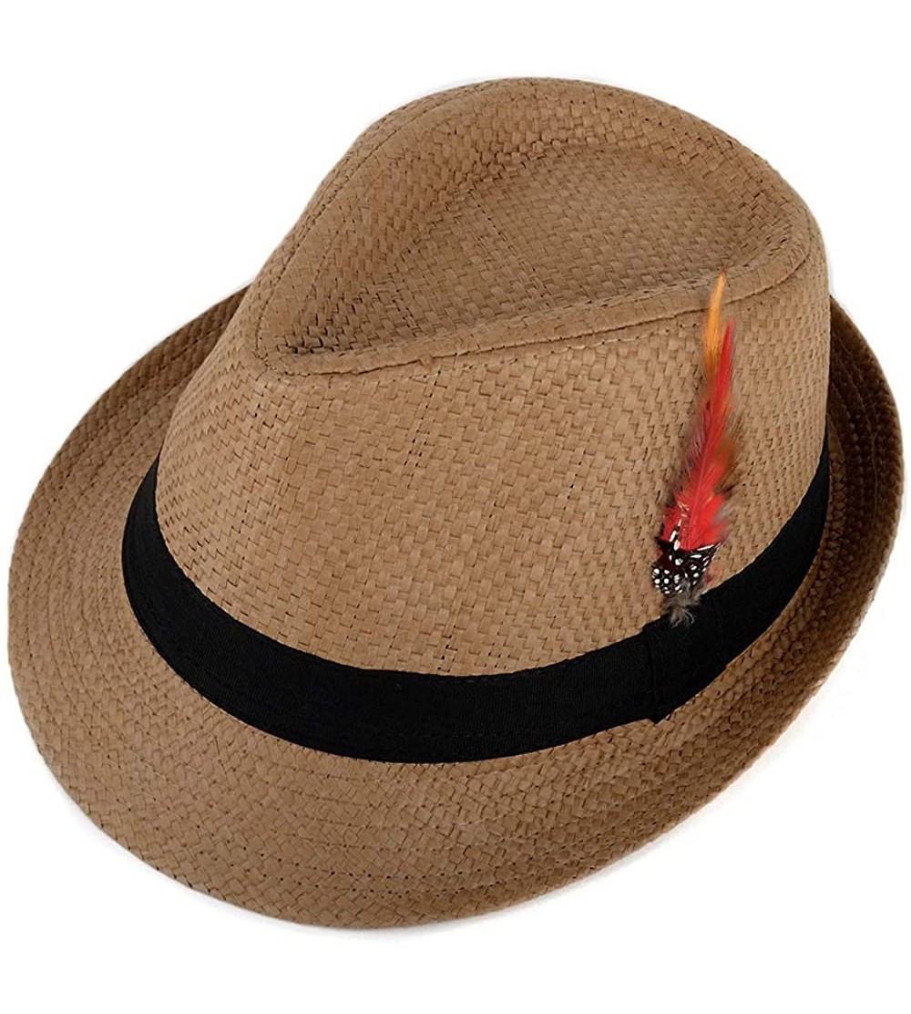 Fedoras Unisex Summer Short Brim Fedora - Hats for Men & Women + Panama Hats & Straw Hats - Taupe Feather - C9182GGQT7C $10.45