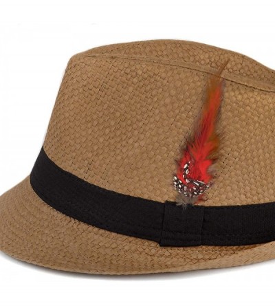 Fedoras Unisex Summer Short Brim Fedora - Hats for Men & Women + Panama Hats & Straw Hats - Taupe Feather - C9182GGQT7C $10.45