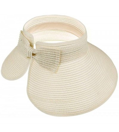 Sun Hats Womens Summer Foldable Straw Sun Visor Hat Wide Brim Roll Up Beach Hat Cap Sun Hats with Bow - Cream White - C118OOY...