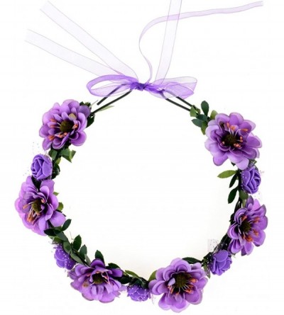 Headbands Rose Flower Leave Crown Bridal with Adjustable Ribbon - Purple - CT182Y54ZQR $11.75