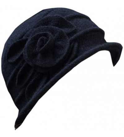 Berets Women 100% Wool Solid Color Round Top Cloche Beret Cap Flower Fedora Hat - 1 Black - CP186WXYW70 $16.13