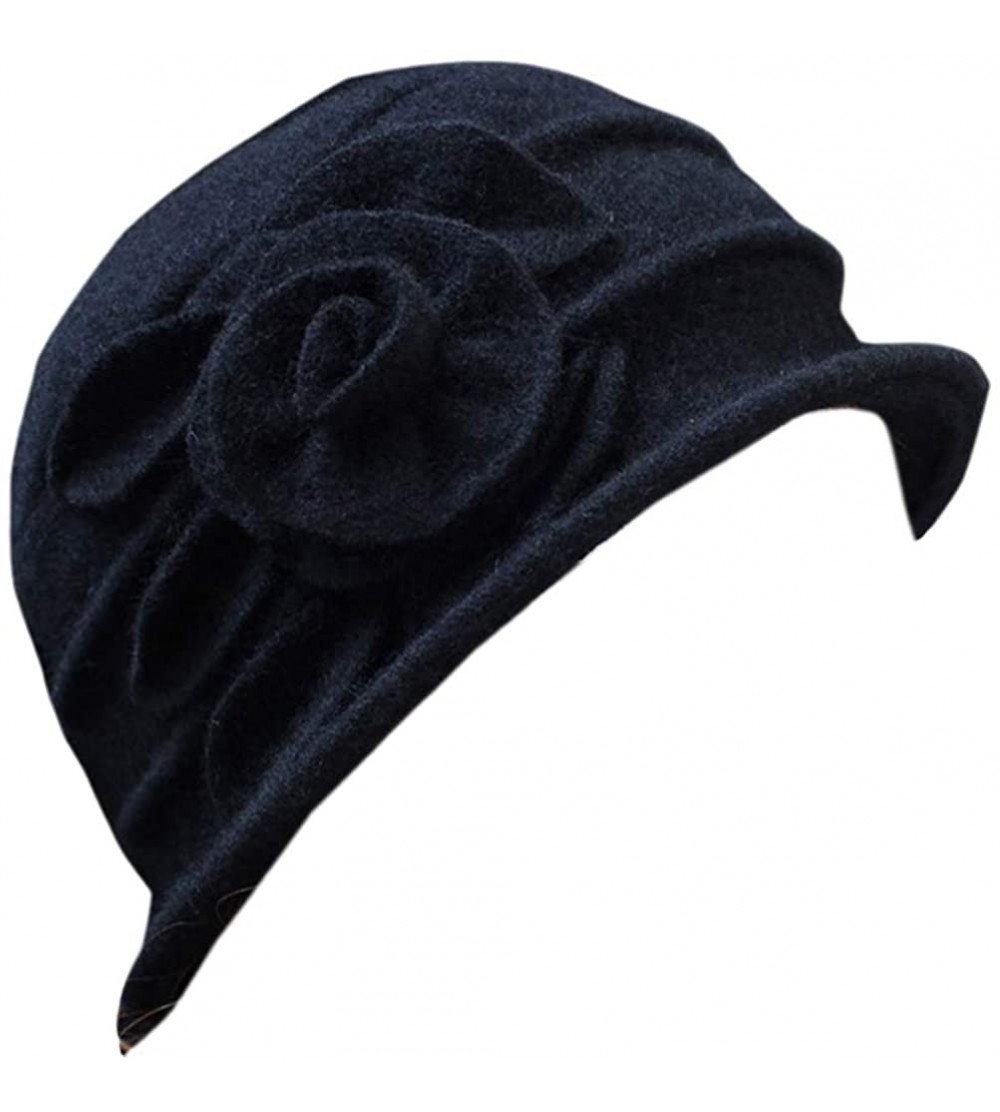 Berets Women 100% Wool Solid Color Round Top Cloche Beret Cap Flower Fedora Hat - 1 Black - CP186WXYW70 $31.01