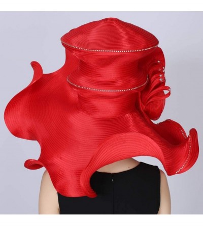 Sun Hats Women's Church Derby Bucket Hat Big Wide Brim Wedding Hat Tea Party Hat - Red - CD18XSK9AUO $60.32