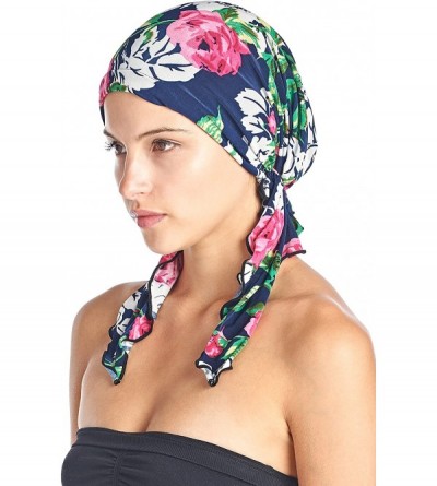 Skullies & Beanies Pre Tied Bandana Turban Chemo Head Scarf Sleep Hair Cover Hat - Blue Pink Roses - CB1863ZIRM5 $19.90