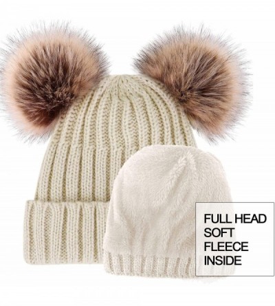 Skullies & Beanies Cable Knit Beanie with Faux Fur Pompom Ears - Beige Hat Coffee Ball Beige Lining - CZ17AAEMGXK $12.07