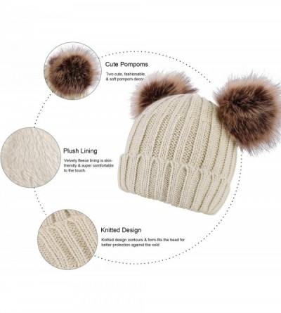 Skullies & Beanies Cable Knit Beanie with Faux Fur Pompom Ears - Beige Hat Coffee Ball Beige Lining - CZ17AAEMGXK $12.07