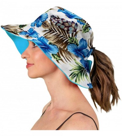 Bucket Hats Reversible Ponytail Sun Hat UPF 50+ Messy Bun Canvas Bucket Hat Cap - Turquoise/Floral - CK18RREI5G6 $22.59