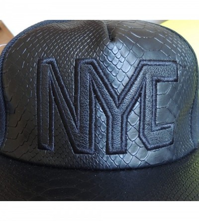Baseball Caps Unisex Baseball Cap- Flat Brim- Faux Leather Trim- NYC Logo - Matte Black/Black - C018DZATXGA $10.18