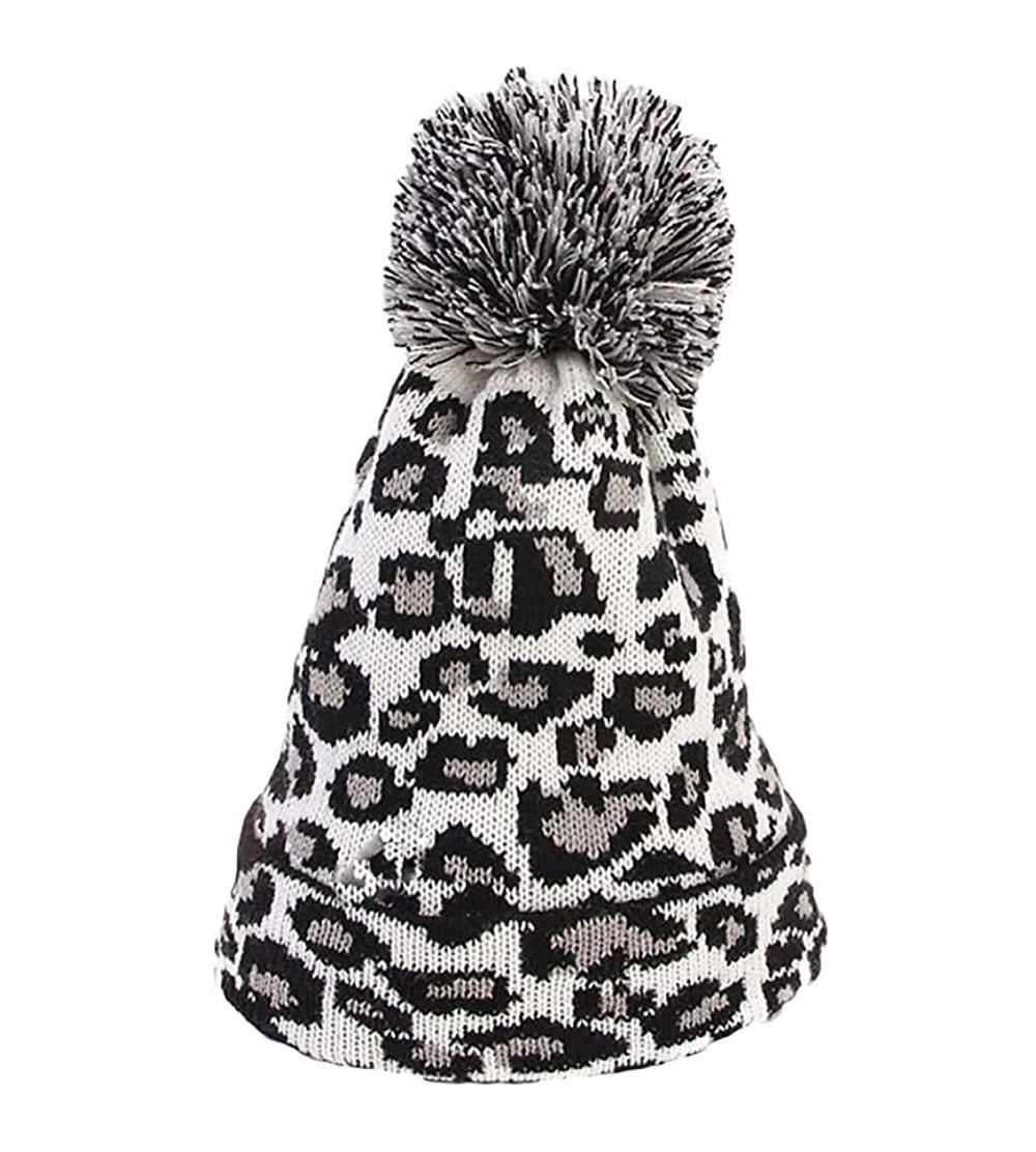 Skullies & Beanies Womens Winter Hats Unisex Leopard Print Cuffed Beanie Soft Warm Slouchy Cap with Fur Pom Hat - White - CL1...
