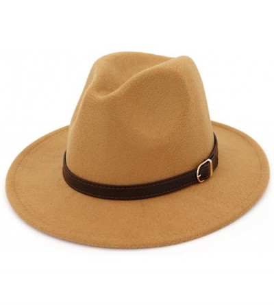 Fedoras Men & Women Panama Hat Classic Wide Brim Fedora Hat with Belt Buckle - Camel - CG18SA6WT38 $27.07