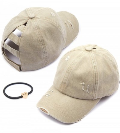 Baseball Caps Distressed Washed Denim Ladder Ponytail Hole Baseball Caps (BT-779) - Khaki - CY194UN5ZZK $15.10