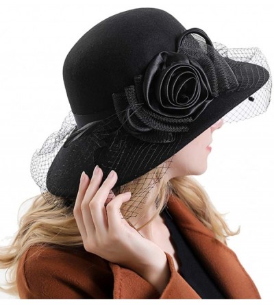 Fedoras Women's Floral Trimmed Wool Blend Cloche Winter Hat - Model D - Black - CC192O5ZT7R $27.43