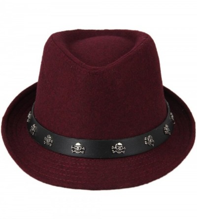 Sun Hats Mens Roll Brim Wool Felt Jazz Hat Cap with Skull Belt - Wine Red - CU12NBZNRO3 $14.32