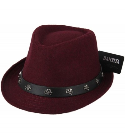Sun Hats Mens Roll Brim Wool Felt Jazz Hat Cap with Skull Belt - Wine Red - CU12NBZNRO3 $14.32