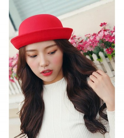 Fedoras Classic Wool Round Bowler Hats - Trendy Derby Fedora Bucket Caps with Roll-up Brim for Youth Petite - Red - CE12N7532...