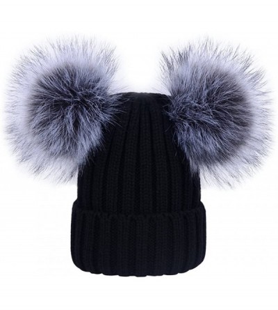 Skullies & Beanies Women's Winter Ribbed Knitted Beanie Hat with Double Faux Fur Pom Pom - Black - CG1897LKO3G $13.24