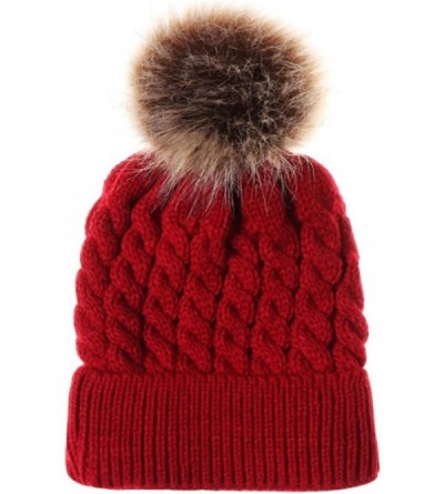 Skullies & Beanies 2PCS Parent-Child Hat Warmer- Mommy and Me Cable Knit Winter Warm Hat Beanie - Red - CI18KLQI988 $16.36