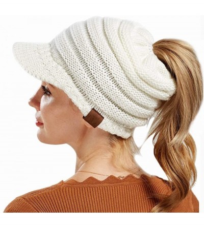 Skullies & Beanies Women's Warm Chunky Cable Knit Messy Bun Hat Ponytail Visor Beanie Cap - Army Green - CK18HYWTMHT $9.92