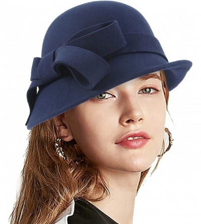 Bucket Hats Woman Bucket Hats Wool 1920S Vintage Cloche Winter Hat Bow Accent - Navy Blue - CS1948OCMH7 $14.47
