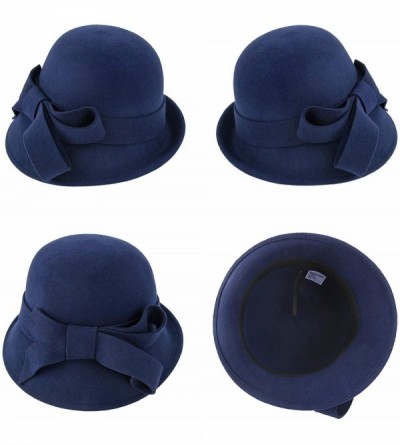 Bucket Hats Woman Bucket Hats Wool 1920S Vintage Cloche Winter Hat Bow Accent - Navy Blue - CS1948OCMH7 $14.47