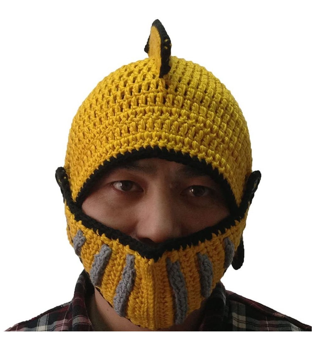 Skullies & Beanies Unisex Winter Handmade Crochet Knight Hat Beanie Removable Mask - Yellow - CC11H0YQL8B $8.63