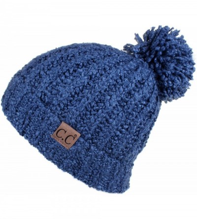 Skullies & Beanies Winter Hat Cable Knitted Large Soft Pom Pom Beanie Hat (HAT-7362) - Dk. Denim - CD189LEWRIO $13.43