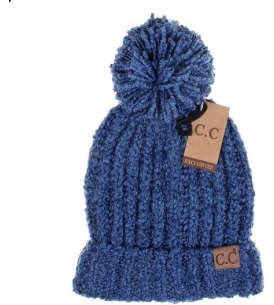 Skullies & Beanies Winter Hat Cable Knitted Large Soft Pom Pom Beanie Hat (HAT-7362) - Dk. Denim - CD189LEWRIO $13.43