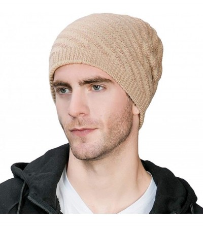 Skullies & Beanies Mens Wool Knit Slouch Beanie Hat Cap Winter Thick Two-Layer Warm - 1044_beige1 - CN18ADM5KZE $8.56