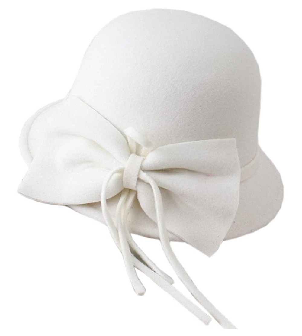 Bucket Hats Women's Bowknot Felt Cloche Bucket Hat Dress Winter Cap Fashion - White - CU1880TRG83 $16.10