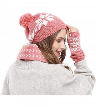 Skullies & Beanies Women Lady Winter Warm Knitted Snowflake Hat Gloves and Scarf Winter Set - Pink - C4126DM4T1L $22.22