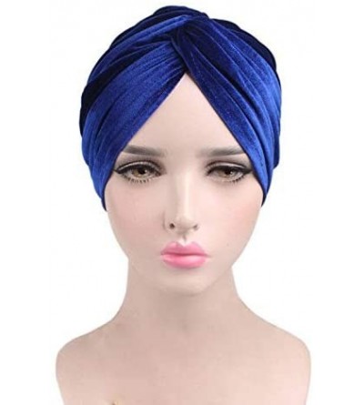 Skullies & Beanies Women's Stretch Velvet Twist Pleasted Hair Wrap Turban Hat Cancer Chemo Beanie Cap Headwear - Blue - CC18L...