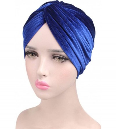 Skullies & Beanies Women's Stretch Velvet Twist Pleasted Hair Wrap Turban Hat Cancer Chemo Beanie Cap Headwear - Blue - CC18L...
