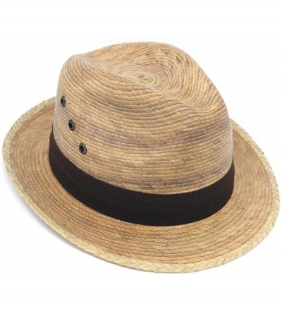 Fedoras Mexican Palm Leaf Straw Wide Brim Fedora Hat- Black Hatband w/Grommets - Tan - CA185YLM9NM $49.08