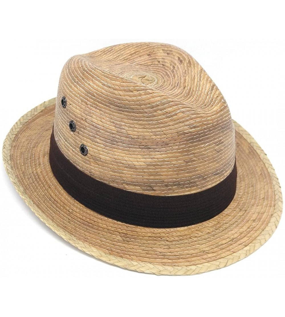Fedoras Mexican Palm Leaf Straw Wide Brim Fedora Hat- Black Hatband w/Grommets - Tan - CA185YLM9NM $27.19