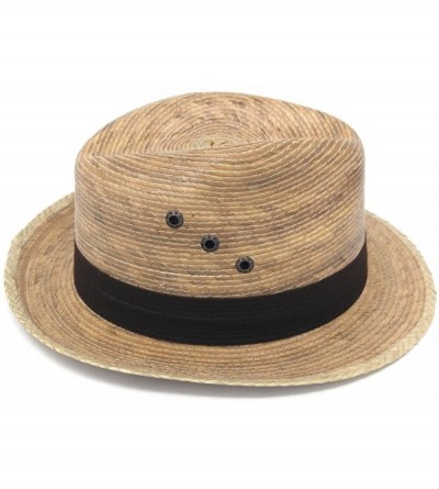 Fedoras Mexican Palm Leaf Straw Wide Brim Fedora Hat- Black Hatband w/Grommets - Tan - CA185YLM9NM $27.19