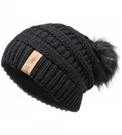 Skullies & Beanies Womens Winter Knit Beanie Hat Slouchy Warm Pom Pom Hat Faux Fur Caps for Women Ladies Girls - Black-black ...