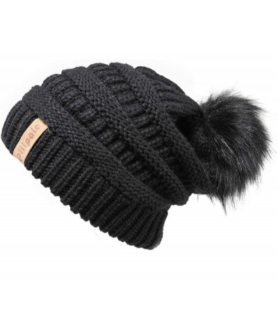 Skullies & Beanies Womens Winter Knit Beanie Hat Slouchy Warm Pom Pom Hat Faux Fur Caps for Women Ladies Girls - Black-black ...