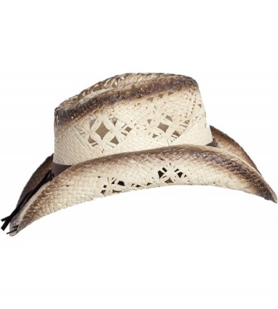 Cowboy Hats Straw Cowboy Hat W/Vegan Leather Band & Beads- Shapeable Brim- Beach Cowgirl - Tea Stain - C611UYA7DEN $28.59