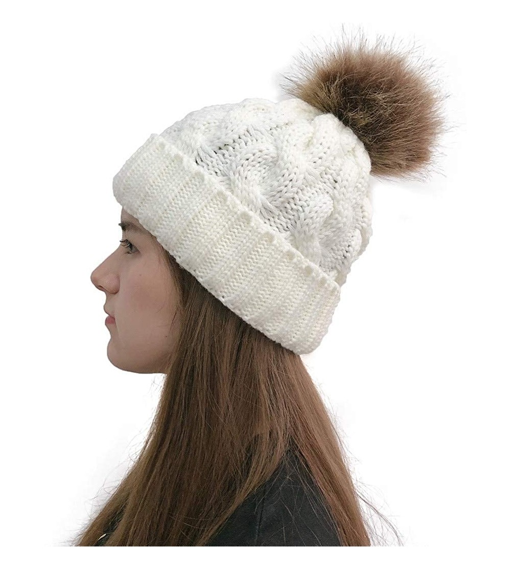 Skullies & Beanies Womens Winter Beanie Hat- Warm Fleece Lined Knitted Soft Ski Cuff Cap with Pom Pom - White - CR18A72459Y $...