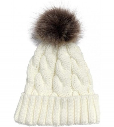 Skullies & Beanies Womens Winter Beanie Hat- Warm Fleece Lined Knitted Soft Ski Cuff Cap with Pom Pom - White - CR18A72459Y $...