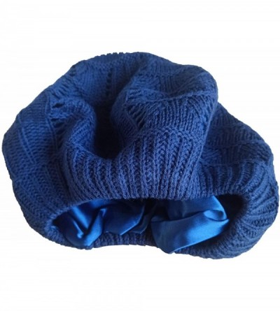 Berets Women's Satin Lined Knitted Beret Ladies Winter Autumn Warm and Soft Beanie Hat Solid Color - Blue - CZ18ATE86Z0 $14.13