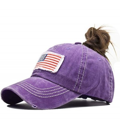 Baseball Caps Women American-Flag Embroidery Ponytail-Baseball Hat Washed Distressed Messy-Bun Hat Adjustable - Purple - CF18...